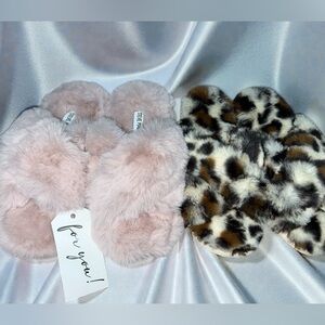 New Women’s Slippers, Size Small 5-6, Cozy Fuzzy Pink & Leopard Print
